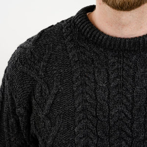Traditional Aran Fisherman Sweater with Ribbed Crew Neck