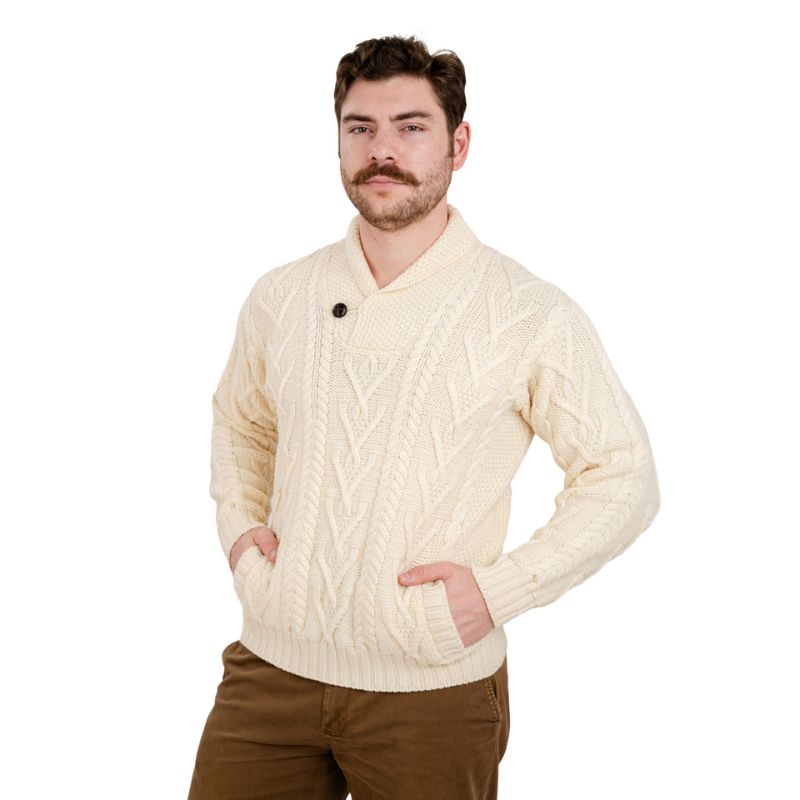 Men's Irish Shawl Collar Single Button Sweater White Front View Creative Irish Gifts