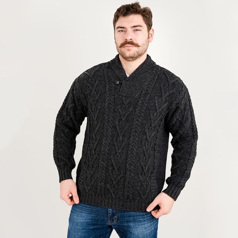 Men's Irish Shawl Collar Single Button Sweater Charcoal Front View Creative Irish Gifts