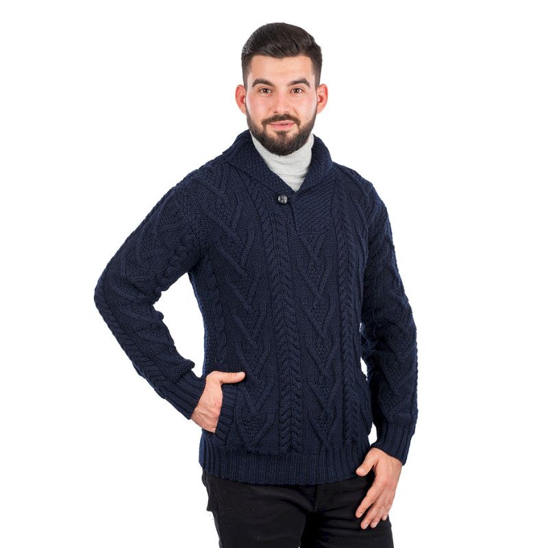 Men's Irish Shawl Collar Single Button Sweater Navy Studio Creative Irish Gifts