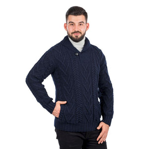 Men's Irish Shawl Collar Single Button Sweater Navy Studio Creative Irish Gifts
