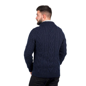 Men's Irish Shawl Collar Single Button Sweater Navy Back View Creative Irish Gifts