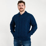 Men's Irish Shawl Collar Single Button Sweater Blue Front View Creative Irish Gifts