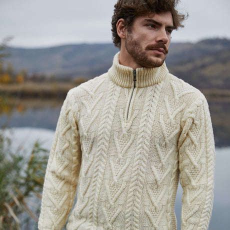 Men's Zip Neck Fisherman Sweater, Natural - Creative Irish Gifts