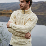 Men's Zip Neck Aran Fisherman Sweater, White Lifestyle Creative Irish Gifts 