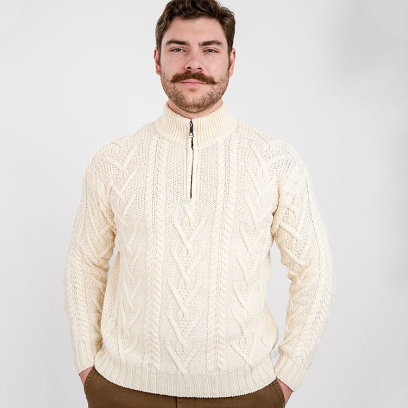 Men's Zip Neck Aran Fisherman Sweater, White Creative Irish Gifts 