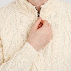Men's Zip Neck Aran Fisherman Sweater, White Studio Creative Irish Gifts 