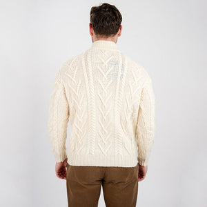 Men's Zip Neck Aran Fisherman Sweater, White Back View Creative Irish Gifts 