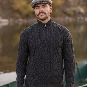 MM204-101 Men's Zip Neck Aran Fisherman Sweater, Charcoal Creative Irish Gifts Front View
