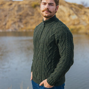 Men's Zip Neck Aran Fisherman Sweater, Green Lifestyle Creative Irish Gifts 