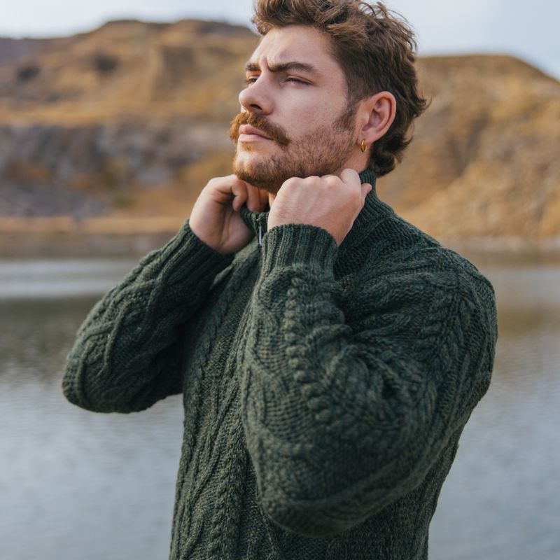 Men's Zip Neck Aran Fisherman Sweater, Green Lifestyle Side View Creative Irish Gifts 