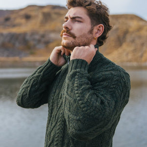 Men's Zip Neck Aran Fisherman Sweater, Green Lifestyle Side View Creative Irish Gifts 