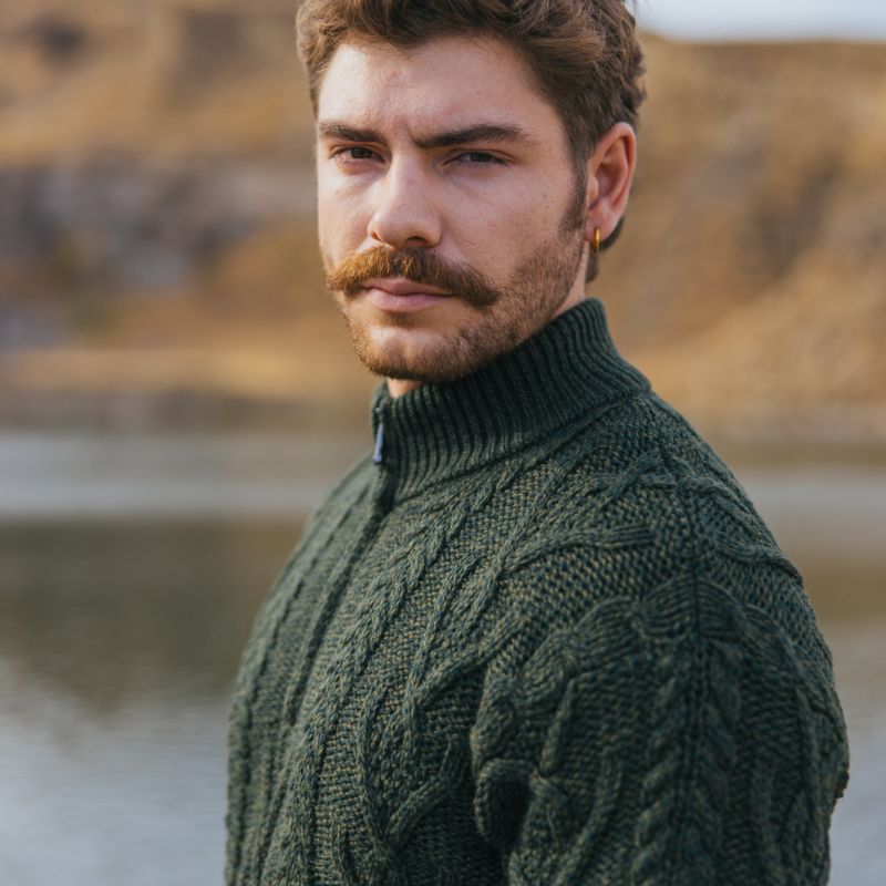 Men's Zip Neck Aran Fisherman Sweater, Green Creative Irish Gifts 