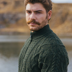 Men's Zip Neck Aran Fisherman Sweater, Green Creative Irish Gifts 