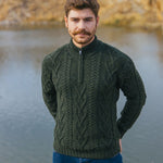 Men's Zip Neck Aran Fisherman Sweater, Green Lifestyle Creative Irish Gifts 