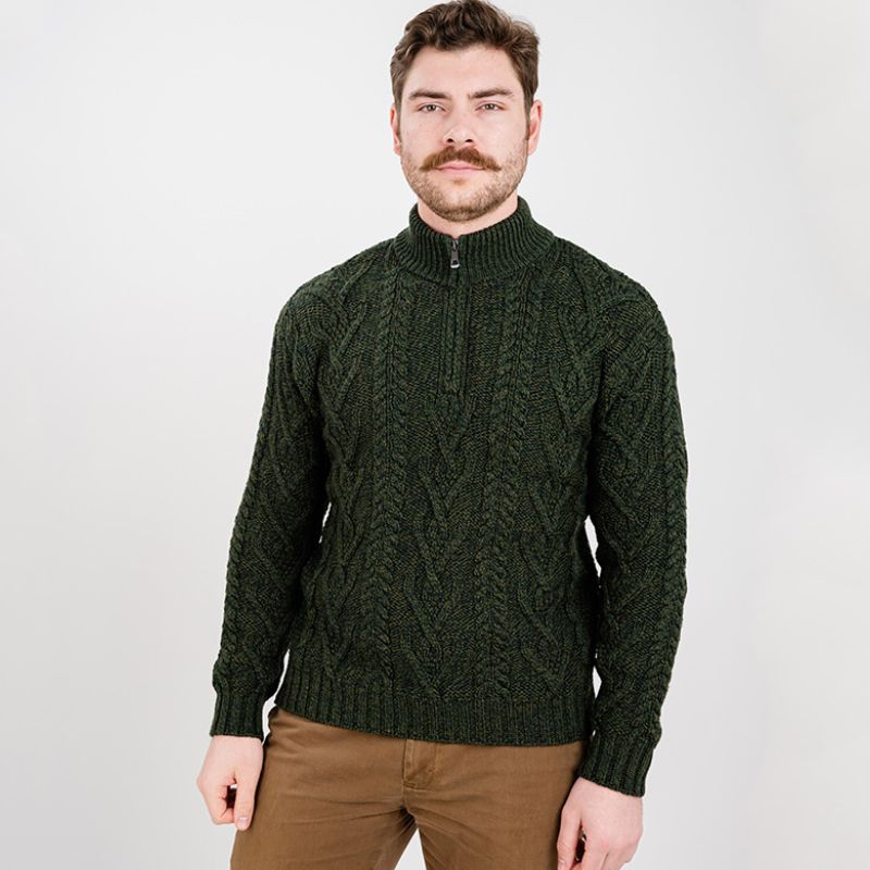 Men's Zip Neck Aran Fisherman Sweater, Green Front View Creative Irish Gifts 