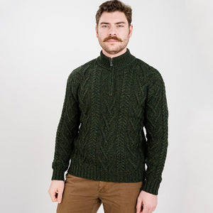 Men's Zip Neck Aran Fisherman Sweater, Green Front View Creative Irish Gifts 