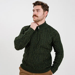 Men's Zip Neck Aran Fisherman Sweater, Green Studio Creative Irish Gifts 