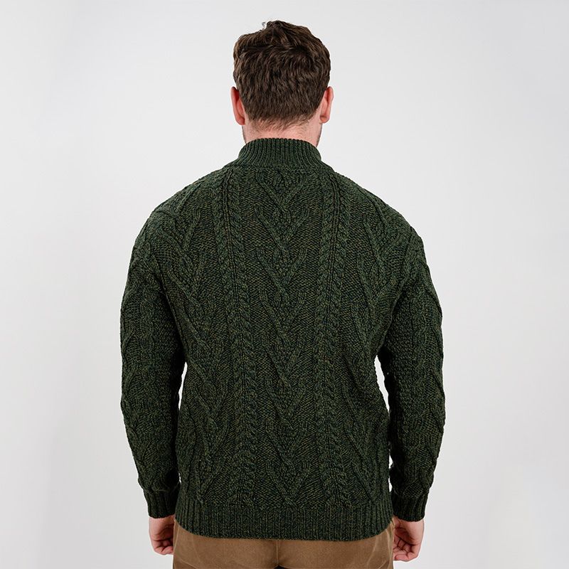 Men's Zip Neck Aran Fisherman Sweater, Green Back View Creative Irish Gifts 