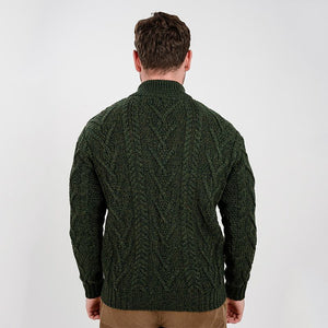 Men's Zip Neck Aran Fisherman Sweater, Green Back View Creative Irish Gifts 