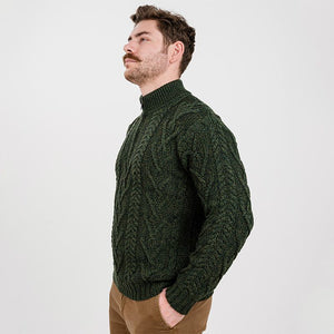 Men's Zip Neck Aran Fisherman Sweater, Green Side View Creative Irish Gifts 