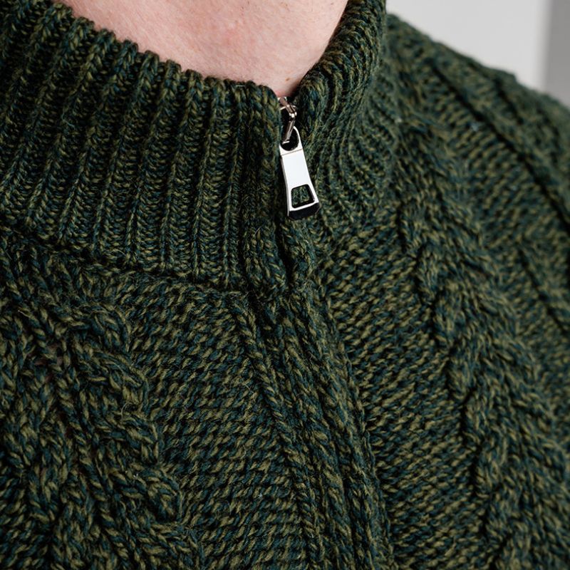 Men's Zip Neck Aran Fisherman Sweater, Green studio Creative Irish Gifts 