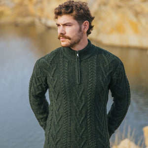 Men's Zip Neck Fisherman Sweater, Army Green - Creative Irish Gifts