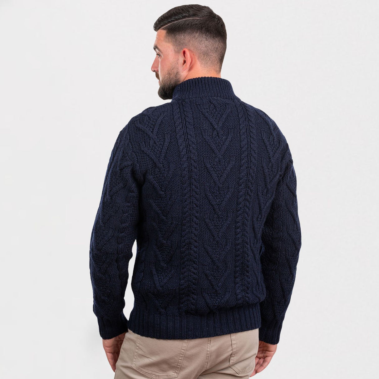 CG612-BLUMD Men's Merino Wool Aran Turtleneck Sweater, Blue Back vIew  Creative Irish Gifts.com