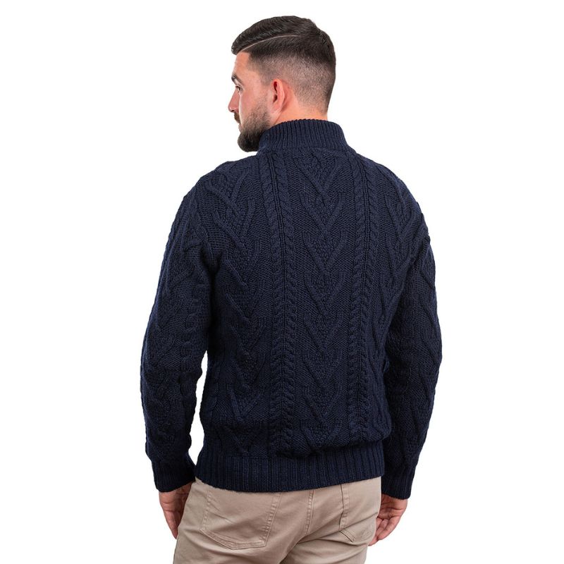 Men's Zip Neck Aran Fisherman Sweater, Navy Back View Creative Irish Gifts 