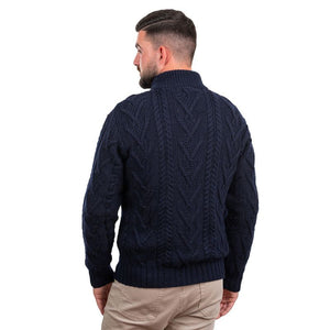 Men's Zip Neck Aran Fisherman Sweater, Navy Back View Creative Irish Gifts 