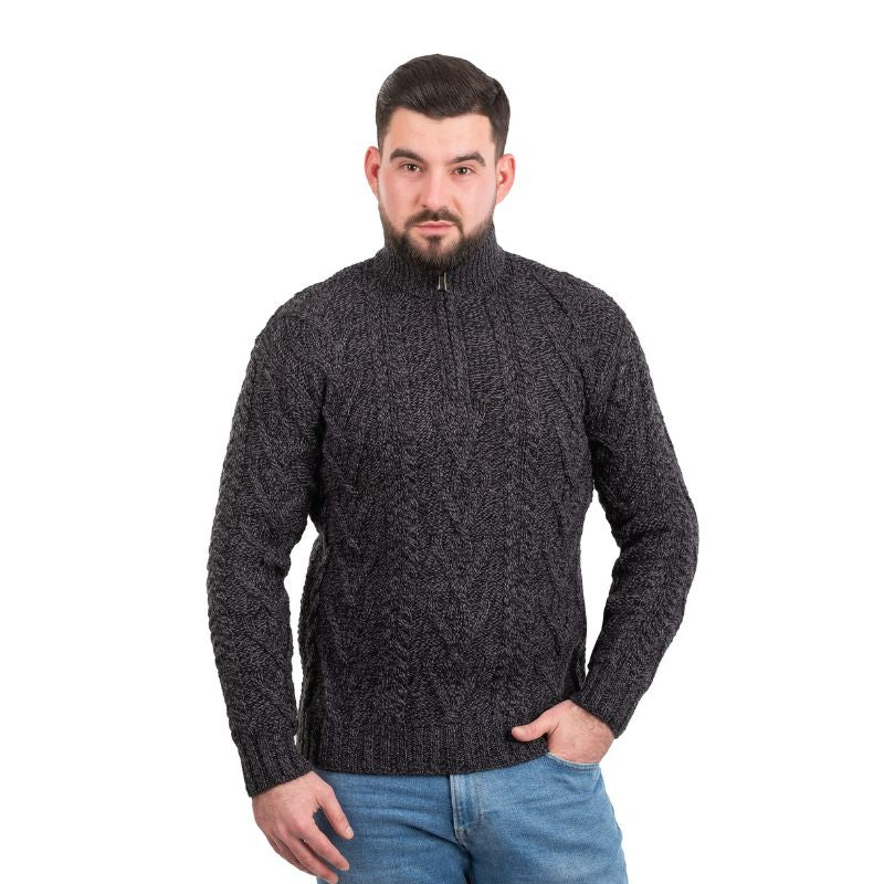 Men's Zip Neck Aran Fisherman Sweater, Anthracite Creative Irish Gifts 