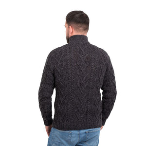 Men's Zip Neck Aran Fisherman Sweater, Anthracite Back View Creative Irish Gifts 