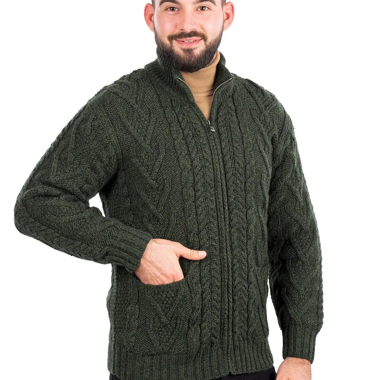 MM204 Men's Zip Neck Fisherman Sweater, Army Green Creative Irish Gifts