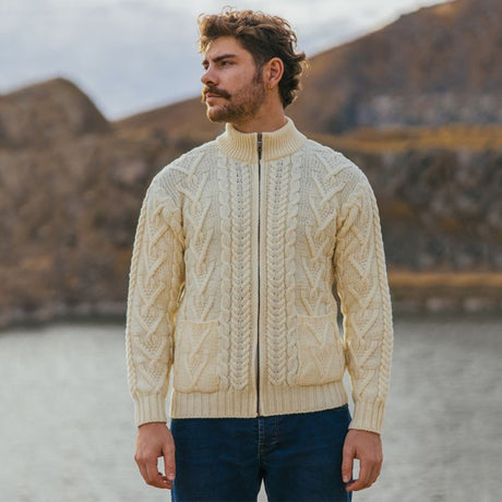Men's Zipper Knit Cardigan,White Lifestyle Creative Irish Gifts