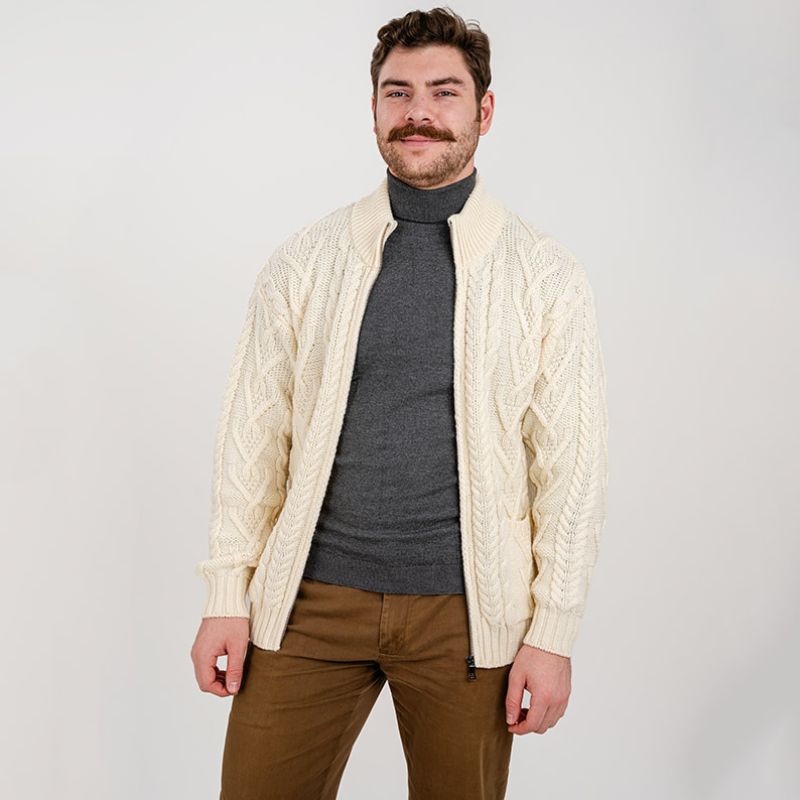 Men's Zipper Knit Cardigan,White Creative Irish Gifts