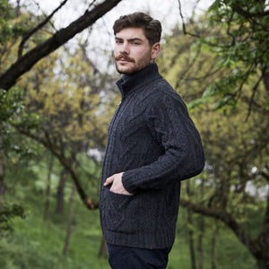 Men's Zipper Knit Cardigan,Charcoal Side View Lifestyle Creative Irish Gifts