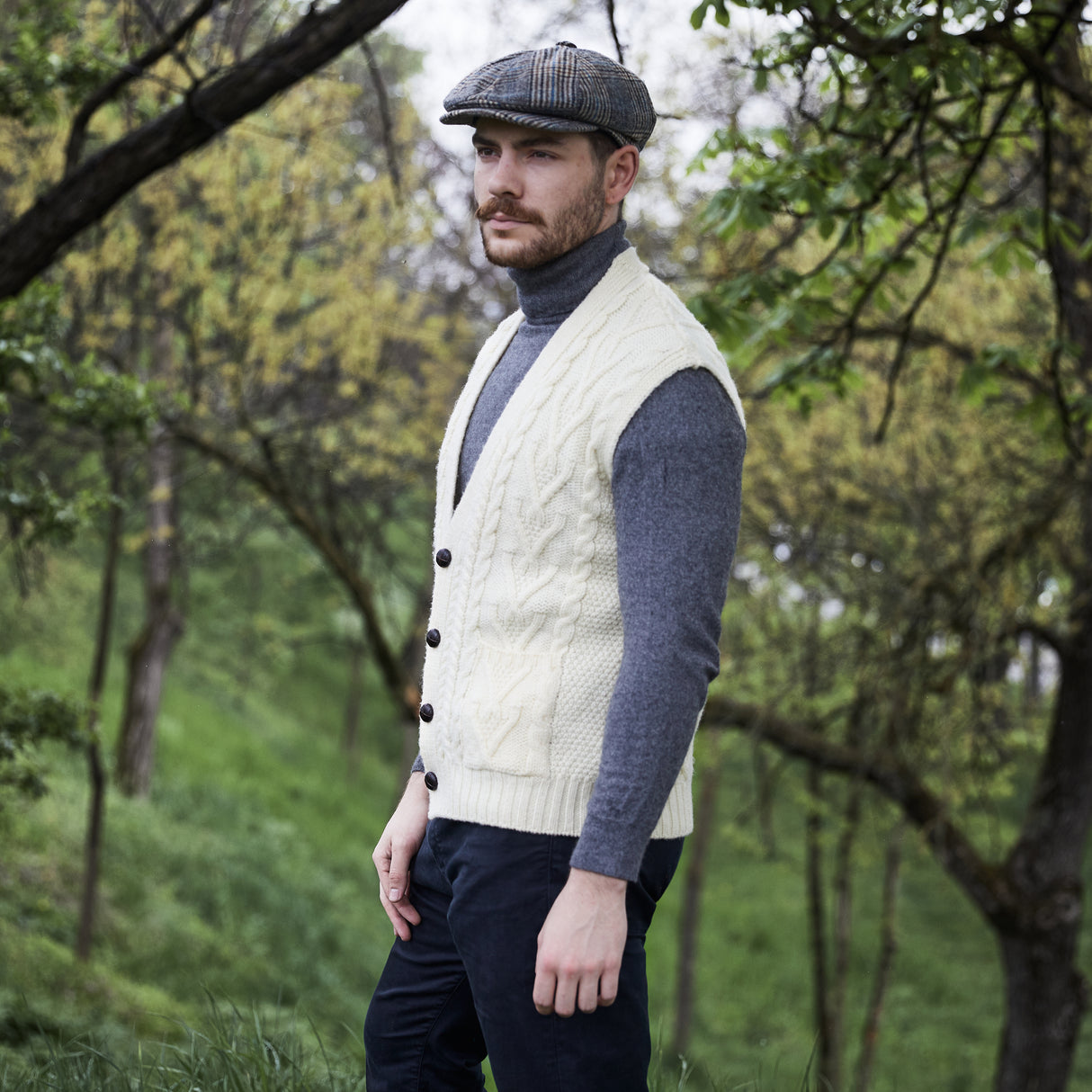 MM207-100 Men's Merino Wool Aran Knit Vest, Natural Creative Irish Gifts
