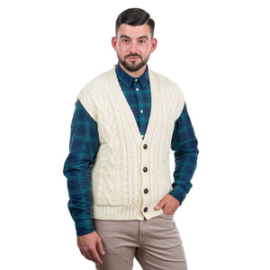 MM207-100 Men's Merino Wool Aran Knit Vest, Natural Creative Irish Gifts
Front View