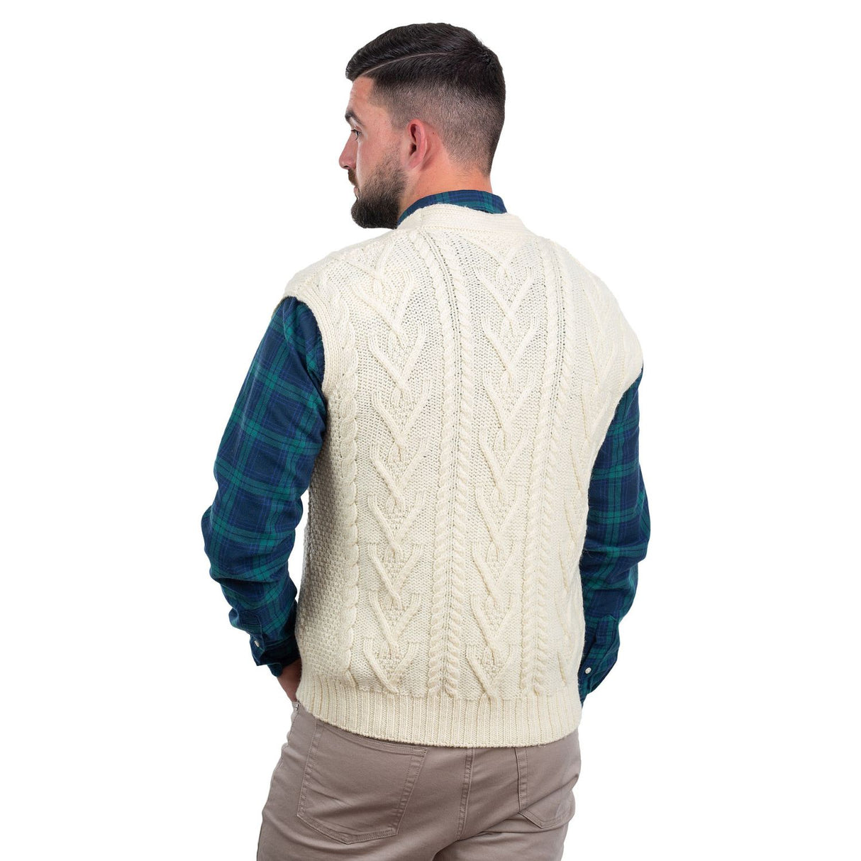 MM207-100 Men's Merino Wool Aran Knit Vest, Natural Creative Irish Gifts
Back View
