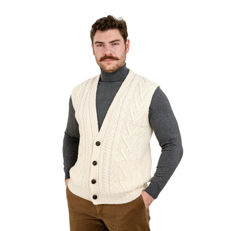 MM207-100 Men's Merino Wool Aran Knit Vest, Natural Creative Irish Gifts
