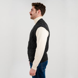 Merino Wool Cable Knit Irish Sweater Vest Charcoal Side View Creative Irish Gift