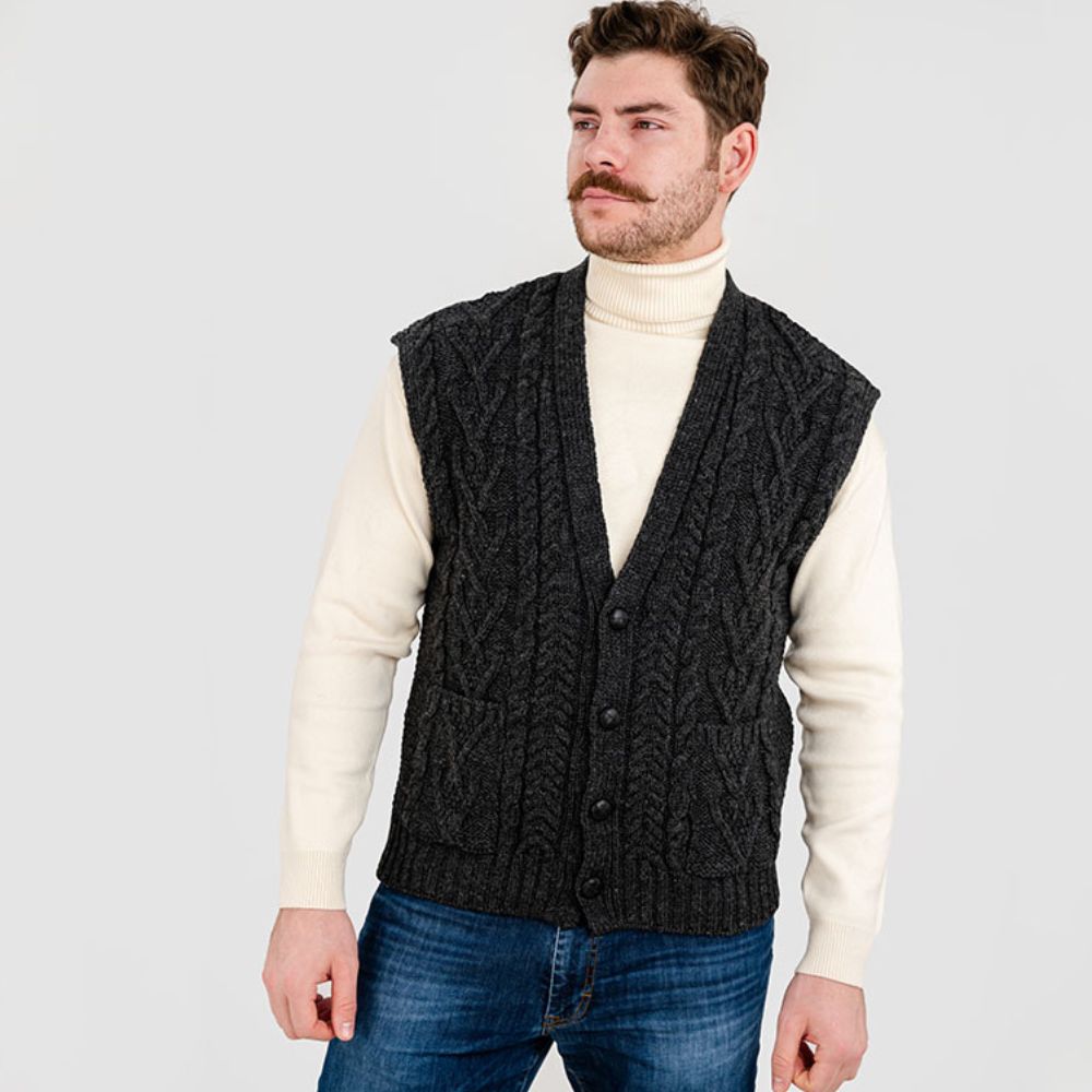 Merino Wool Cable Knit Irish Sweater Vest Charcoal Studio Creative Irish Gift