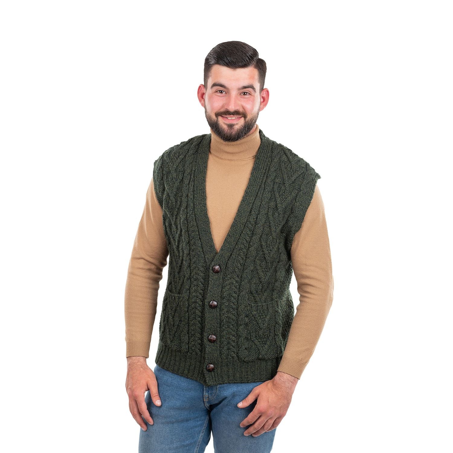 Men's Merino Wool Aran Knit Vest, Army Green | Fast shipping from