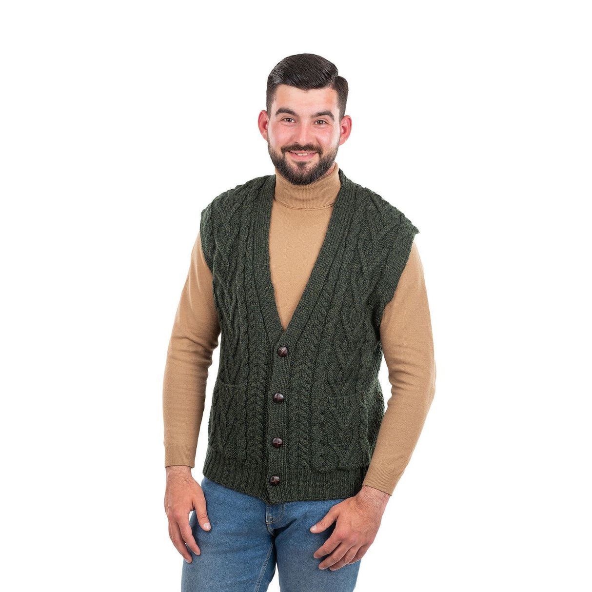 MM207-102 Men's Merino Wool Aran Knit Vest, Army Green Creative Irish Gifts
