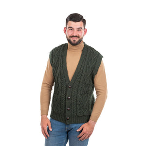 MM207-102 Men's Merino Wool Aran Knit Vest, Army Green Creative Irish Gifts
