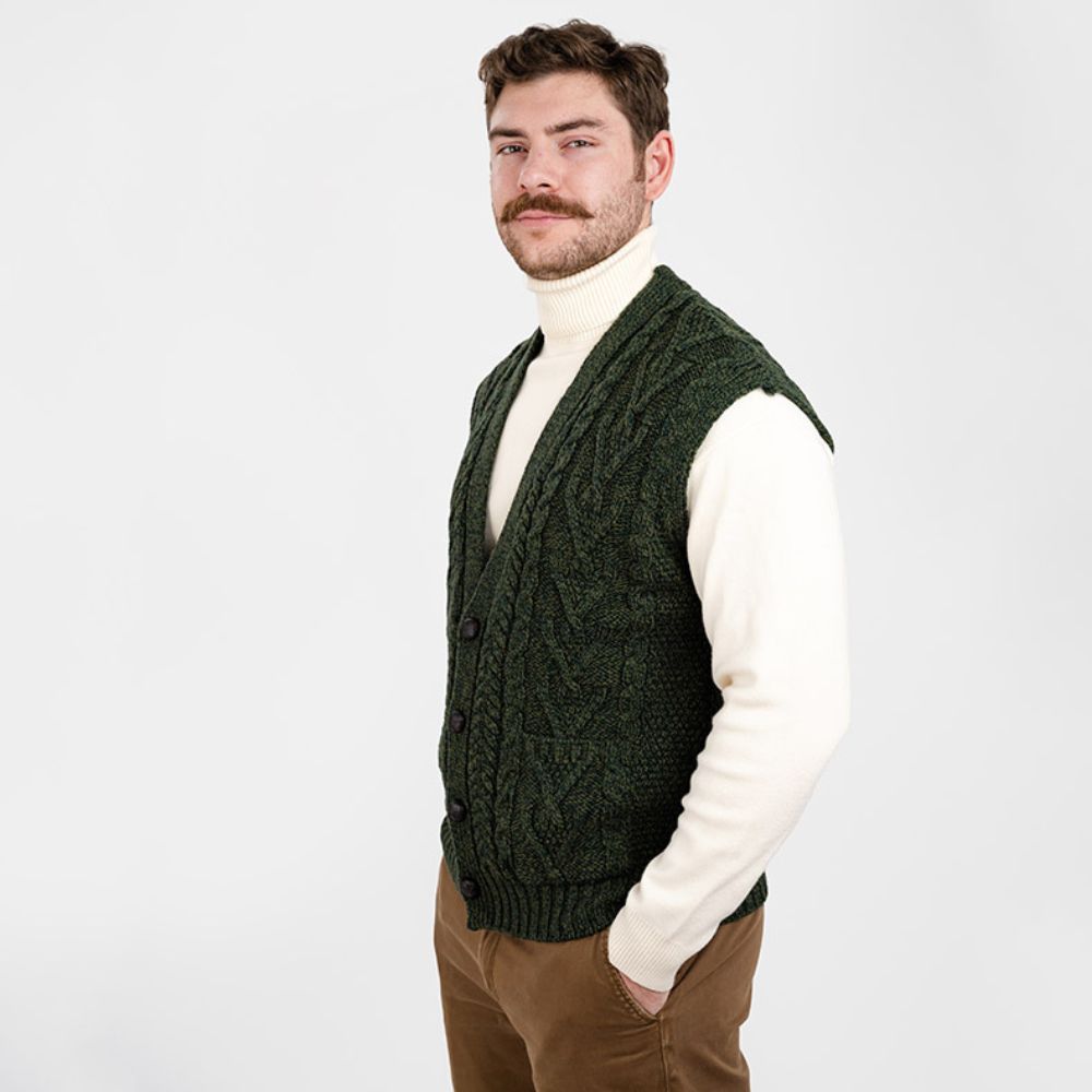 Merino Wool Cable Knit Irish Sweater Vest Army Green side view Creative Irish Gift