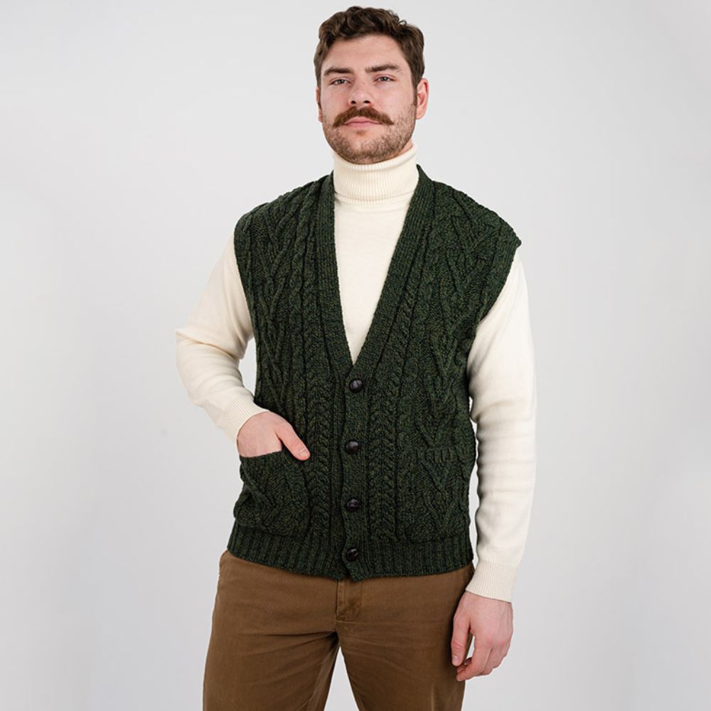 Merino Wool Cable Knit Irish Sweater Vest Army Green Creative Irish Gift