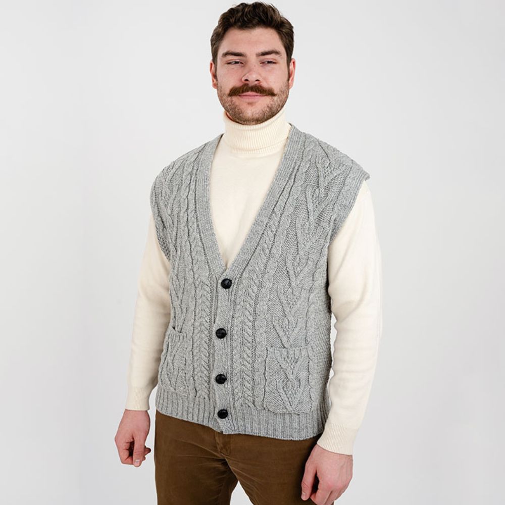 Merino Wool Cable Knit Irish Sweater Vest Grey Creative Irish Gift