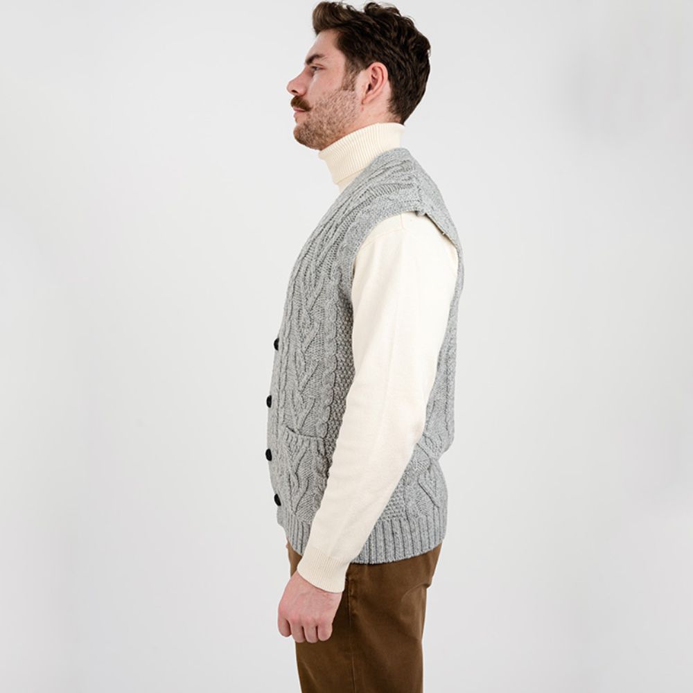 Merino Wool Cable Knit Irish Sweater Vest Grey Side View Creative Irish Gift