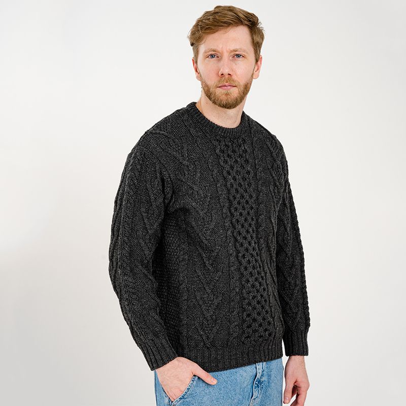 Men's Merino Aran Sweater, Charcoal Side View Creative Irish Gifts